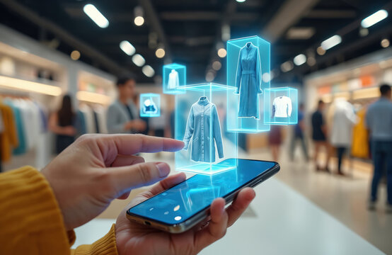 Person uses smartphone augmented reality app to browse clothing in a modern store. Digital fashion display shows virtual outfits, customer selects garments, experience.