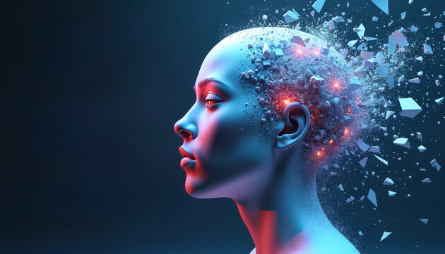 Human head exploding into digital shards and particles with neon lights. Abstract face disintegration, futuristic concept of mind breakdown or data transfer.