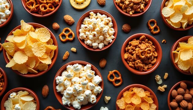 Assorted snacks in bowls on dark table. Includes popcorn, potato chips, pretzels, and nuts. Various crunchy salty treats for party or movie night.