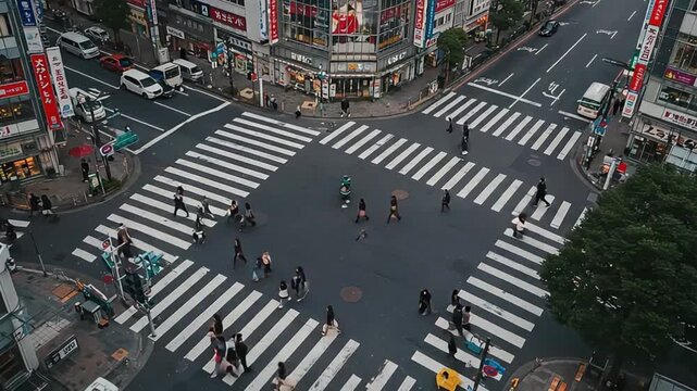 City street intersection. Crosswalk with people. Urban road. White zebra crossing. Pedestrian traffic. Cityscape. Aerial view. Busy street. Dark pavement. Buildings and streets.