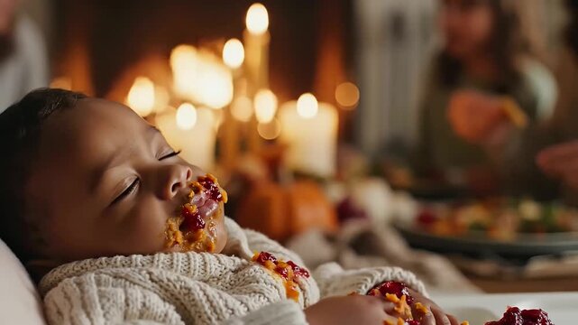 A heartwarming scene captures a sleepy toddler with a delightfully messy face, the charming aftermath of a festive Thanksgiving gathering, bathed in the soft glow of candlelight.