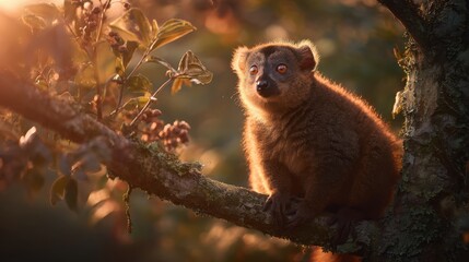 Fototapeta premium A Close-Up Portrait of a Brown Lemur Sitting on a Tree Branch Bathed in Golden Sunlight