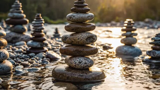 Zen Stone Stacks on River at Sunset, Balancing Rocks, Serenity and Nature