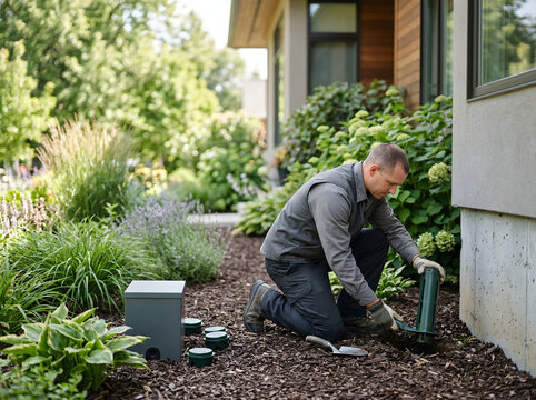 Worker installing termite bait stations around modern home garden, greenery background