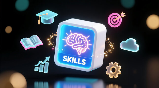 Digital skills icon with brain and learning symbols on dark background