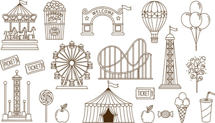 Vintage carnival fun fair theme park attractions including carousel ferris wheel and roller coaster hand drawn vector illustration doodle art © Kanon Islam