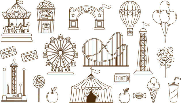 Vintage carnival fun fair theme park attractions including carousel ferris wheel and roller coaster hand drawn vector illustration doodle art