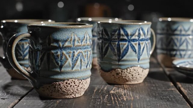 Collection of handcrafted ceramic mugs with intricate blue geometric patterns and textured bases, displayed on a rustic wooden surface