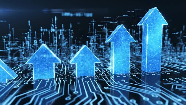 Blue glowing arrows on circuit board