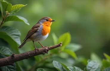 Fototapeta premium Small robin bird sits on dry tree branch. Orange breast chest feathers contrast green leaves background. Wildlife animal perch on twig in nature park.