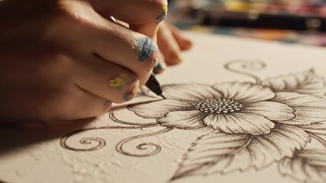 Hand with paint smudges drawing a detailed floral design with a pen