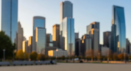 Naklejka premium Blurred cityscape with modern skyscrapers at sunset.