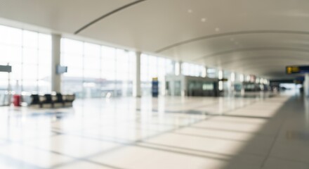 Fototapeta premium Blurred Modern Airport Terminal Interior with Bright Sunlight.