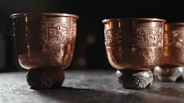Collection of ornate copper cups with hammered texture and intricate patterns, set on textured bases, dimly lit with bokeh background