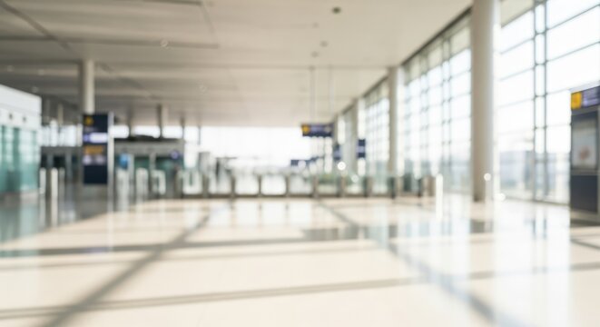 Blurred modern airport terminal interior with bright natural light and empty spaces.