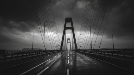 Infrastructure investment and economic development showcasing a modern cable-stayed bridge on a rainy day The black and white image emphasizes the bridge's architecture and its role in transportation.