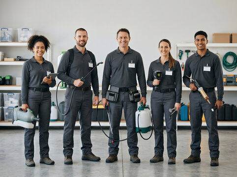 Modern pest control company team portrait in uniform, standing together with equipment, clean background, branding ready