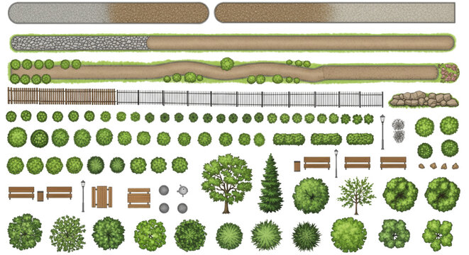 Park, Top, View, Landscape, Elements &ndash; Urban Park Plan Collection with Trees, Paths, Fences and Outdoor Furniture Map Design