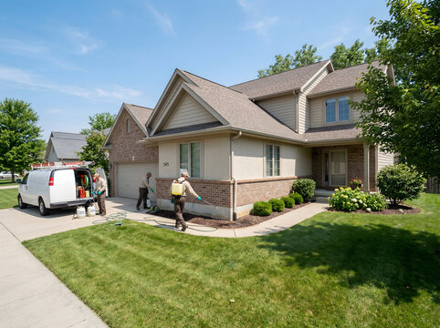 Pest control team working together outside residential house, spraying perimeter for termite prevention, sunny day
