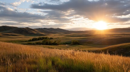 Obraz premium Golden Hour Panorama: The sun dips below the horizon, casting a warm glow across a sprawling landscape.