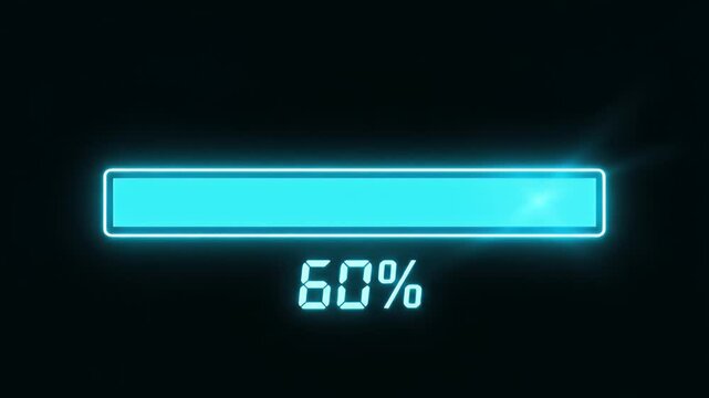 Digital progress bar with glowing cyan light showing 60% completion on a dark background