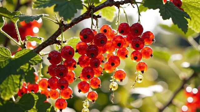 Clusters of ripe red currants on a branch in sunlight