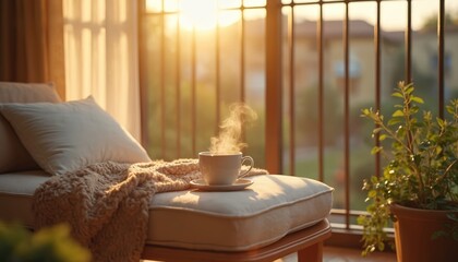 Fototapeta premium Morning coffee on balcony with sun rays. Cozy blanket and plant enhance peaceful urban retreat. Enjoying quiet leisure time with hot drink outdoors.