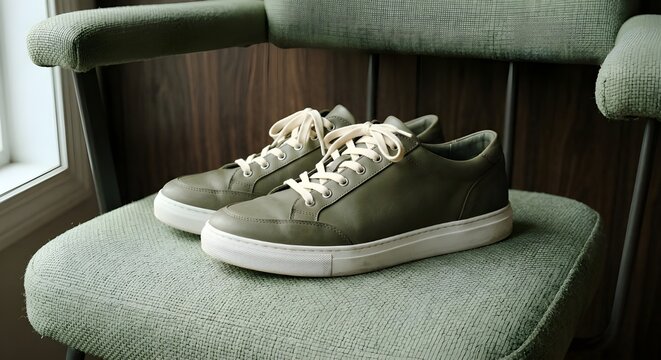 Fotograf&iacute;a de zapatillas verdes sobre silla moderna con estilo minimalista y composici&oacute;n est&eacute;tica