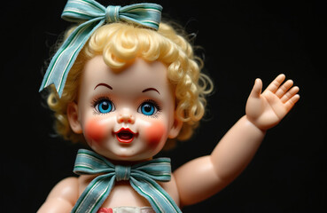 Fototapeta premium Vintage hard plastic doll with blonde curls and blue eyes waves hello against dark background. Doll wears bows and has rosy cheeks, its mouth is open.