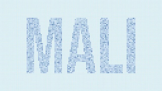 Mali dotted map animation. Digital style shape of the country. Mali shape and title dots appear with bulb flickering effect. Intro, outro, logo, title video.