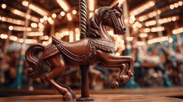 Intricately Carved Dark Wood Carousel Horse with Ornate Detailing and Soft Bokeh Background