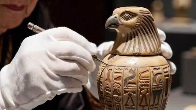 Conservator meticulously cleans ancient falcon-headed vessel with hieroglyphs