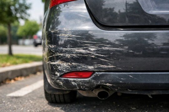 Close-up of black car bumper with extensive scratches and paint scuffs along curb, conveying vehicle damage, wear, minor collision, roadside parking impact and need for repair or insurance claim