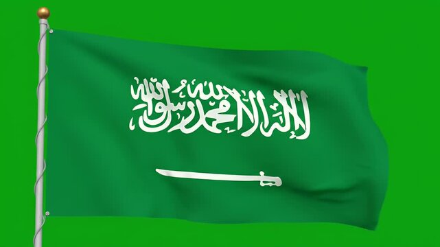 A green flag with white Arabic script and a sword, on a green background