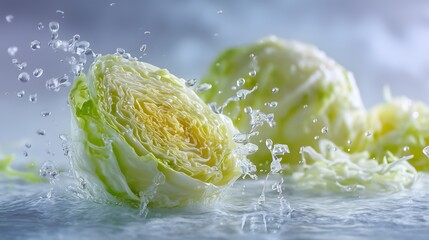 Obraz premium Fresh, organic cabbage, sliced ​​and soaked in water, with droplets of water visible, gives it a fresh feel. It's perfect as an ingredient in a healthy vegetarian salad.
