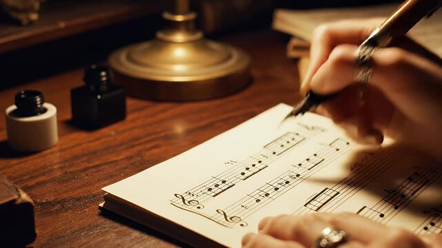 Close-up of hand writing musical notes with a fountain pen on a desk