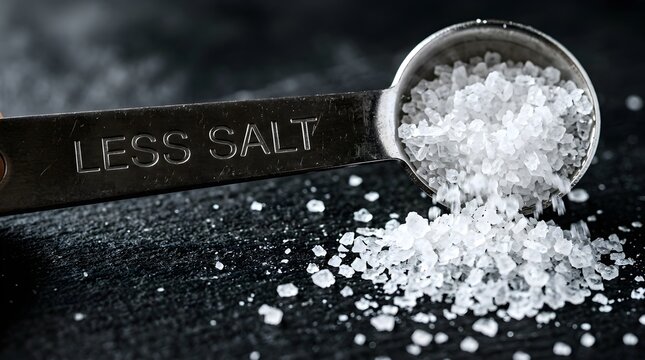 Less Salt Measuring Spoon and Sea Salt Crystals on Dark Surface for Healthy Eating.