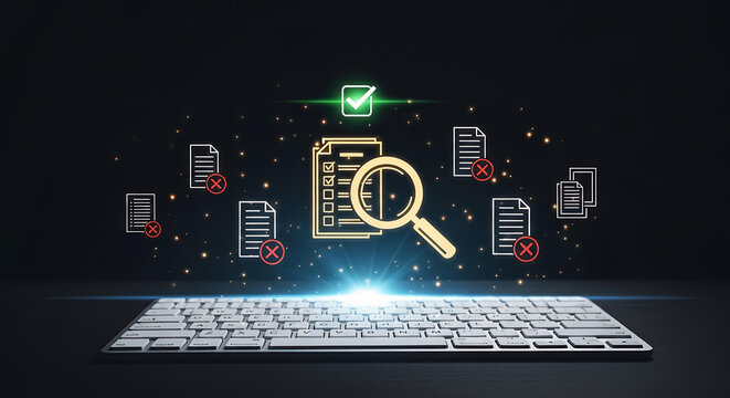 Digital document verification with magnifying glass and keyboard on dark background
