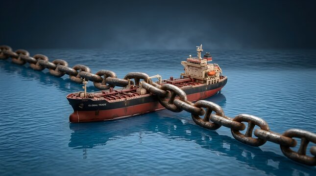 Supply Chain Disruption and Economic Blockade Represented by Chained Ship.