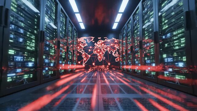 Server room with data racks and light trails