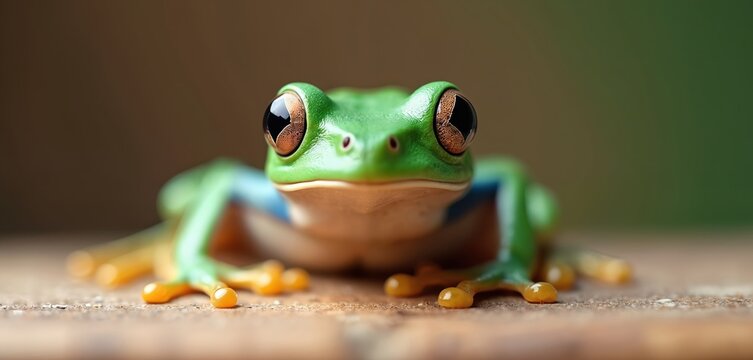 Green tree frog sits on rough surface. Bright green amphibian has large eyes and sticky pads on its toes. Animal shows bright orange and blue colors underneath.