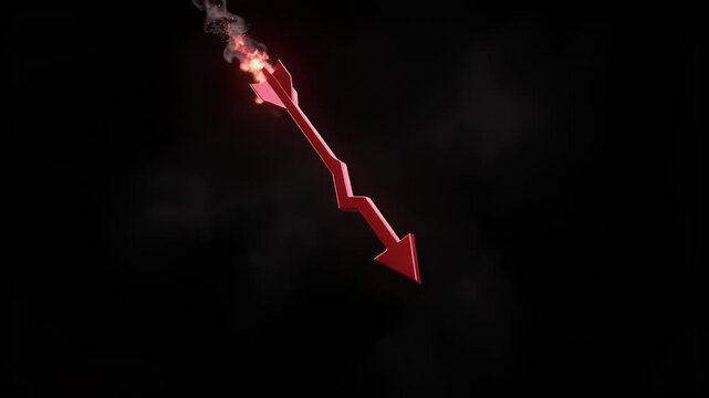 A red arrow, shaped like a graph trending downwards, is engulfed in flames and smoke