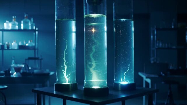 A moody laboratory setting with glowing tubes containing swirling liquids and particles.