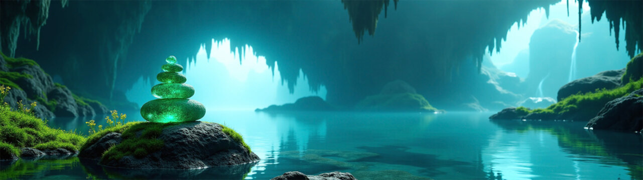 Epic Ultra Wide Panorama of Enchanted Crystal Cave with Emerald Zen Stones and Turquoise Lake