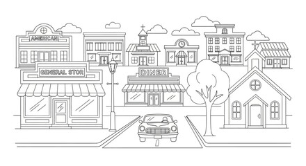 Fototapeta premium Vector illustration of a quiet neighborhood street scene with vintage small town buildings, a cozy downtown USA main street, and a suburban American town street.