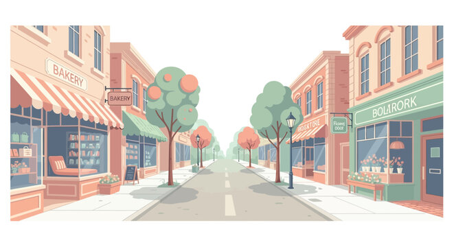 Illustration of a quiet neighborhood street scene with vintage small town buildings and a cozy downtown USA vector design, featuring a suburban main street with trees and storefronts.