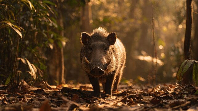 Cinematic Low-Angle Shot of a Babirusa Walking Through a Sunlit Forest Floor