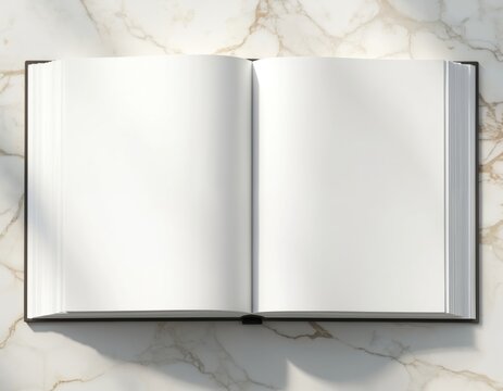 Open hardcover book with blank white pages rests on marble. Space for custom text, design, or drawing. Concept for new ideas, learning or future.