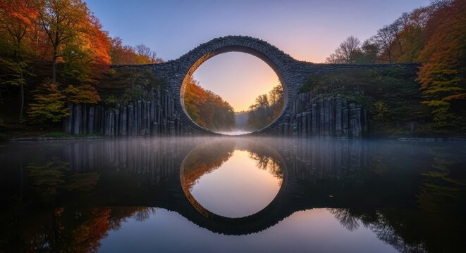 Rakotz Bridge Reflection - A Serene Autumnal Landscape in Kromlau, Germany.