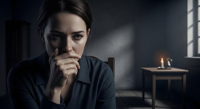 Woman with hand on chin thinking.